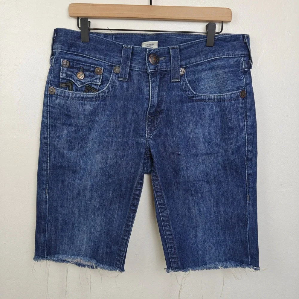 True Religion Billy Mens Shorts 31 Blue Leather Horseshoe Frayed Y2K Streetwear